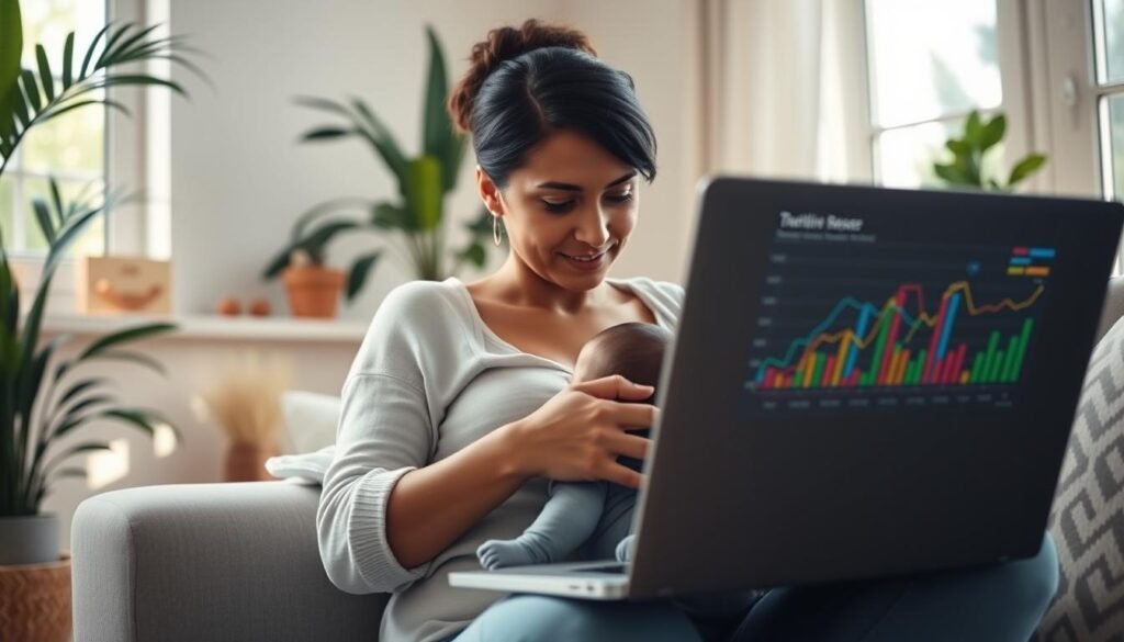 Madre amamantando y trabajando en la computadora