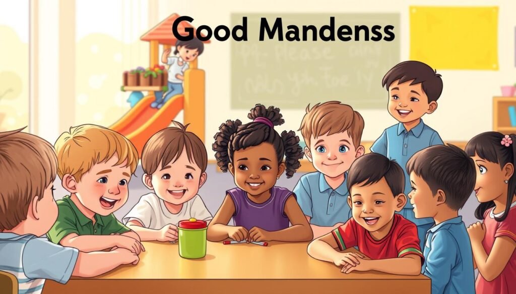 Niños aprendiendo buenos modales en diferentes situaciones sociales